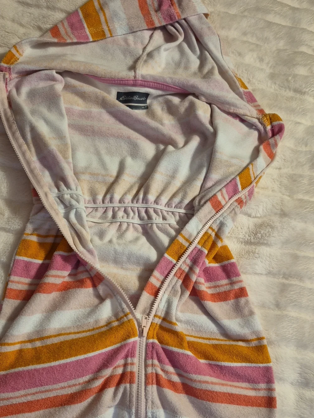 Eddie Bauer Pink, Yellow & White Striped Hooded Beach Cover Up Dress.